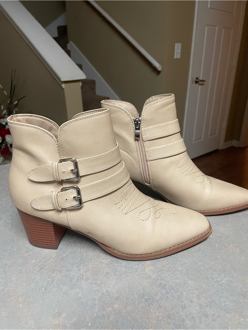 Women's Cream Ankle Boots with Buckle Straps
